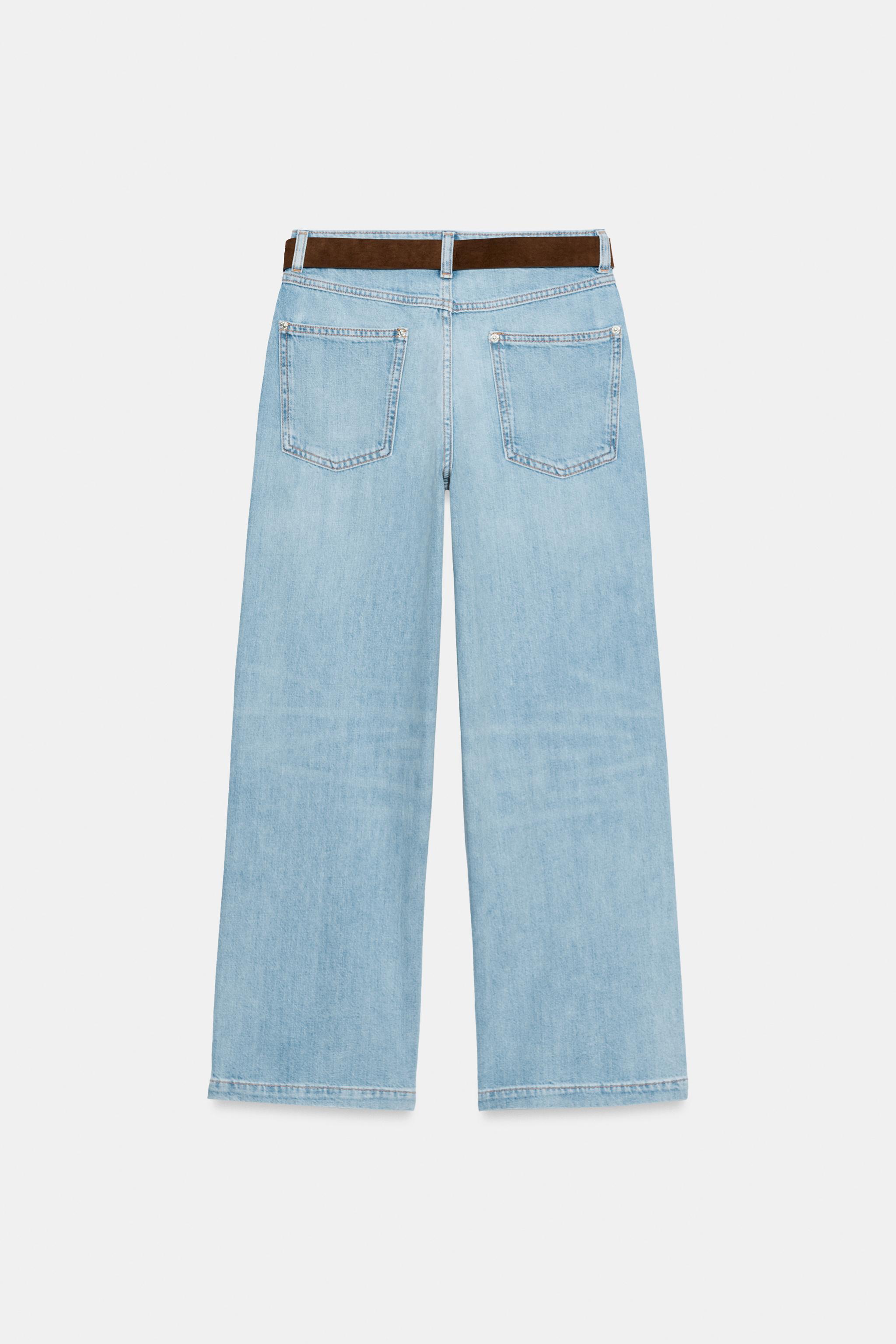 HIGH-WAISTED WIDE LEG CROPPED BELTED JEANS